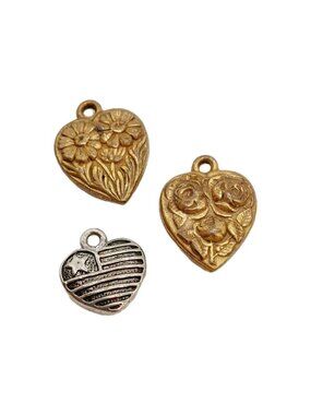 Silver Tone Heart American Flag & 2 Gold Tone Floral Heart Pendants Set Of 3